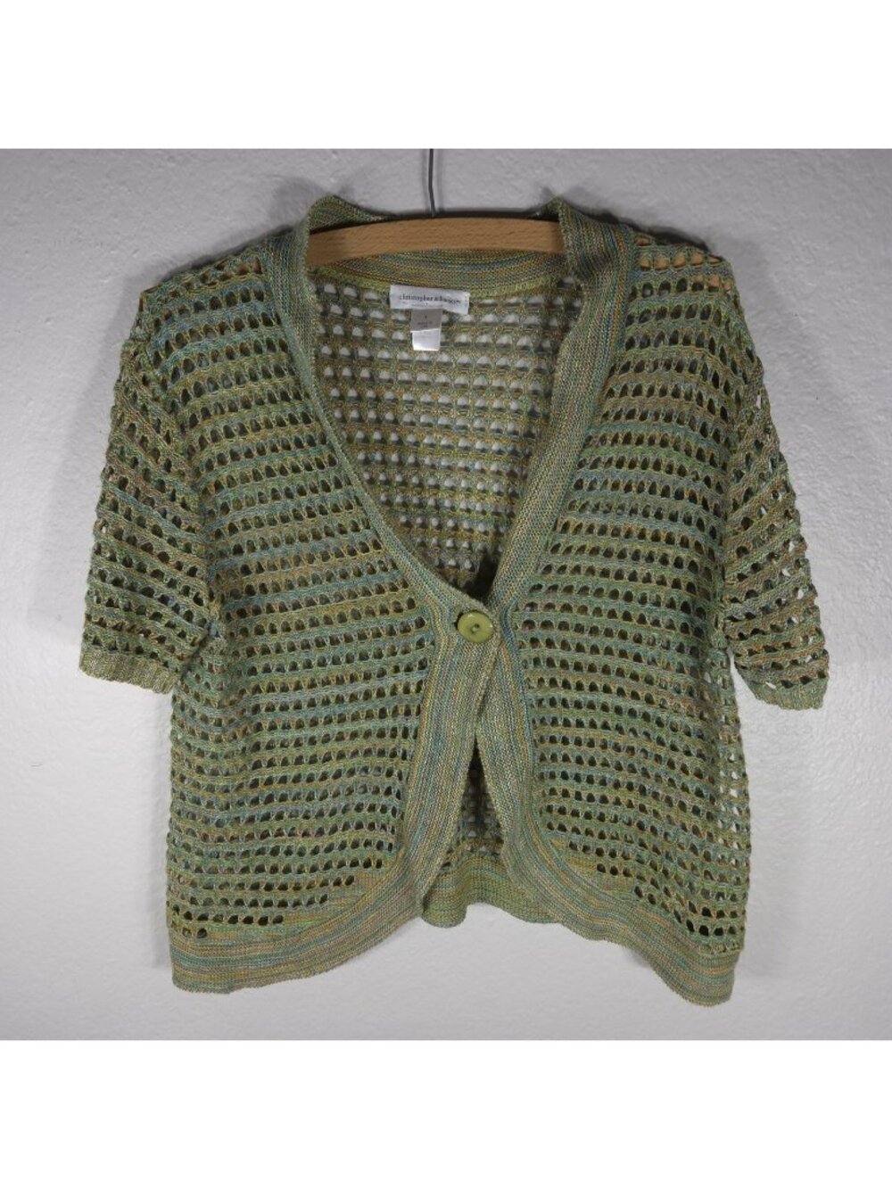 Christopher & Banks L Single Button Crochet Cardigan Sweater Short Sleeve Green